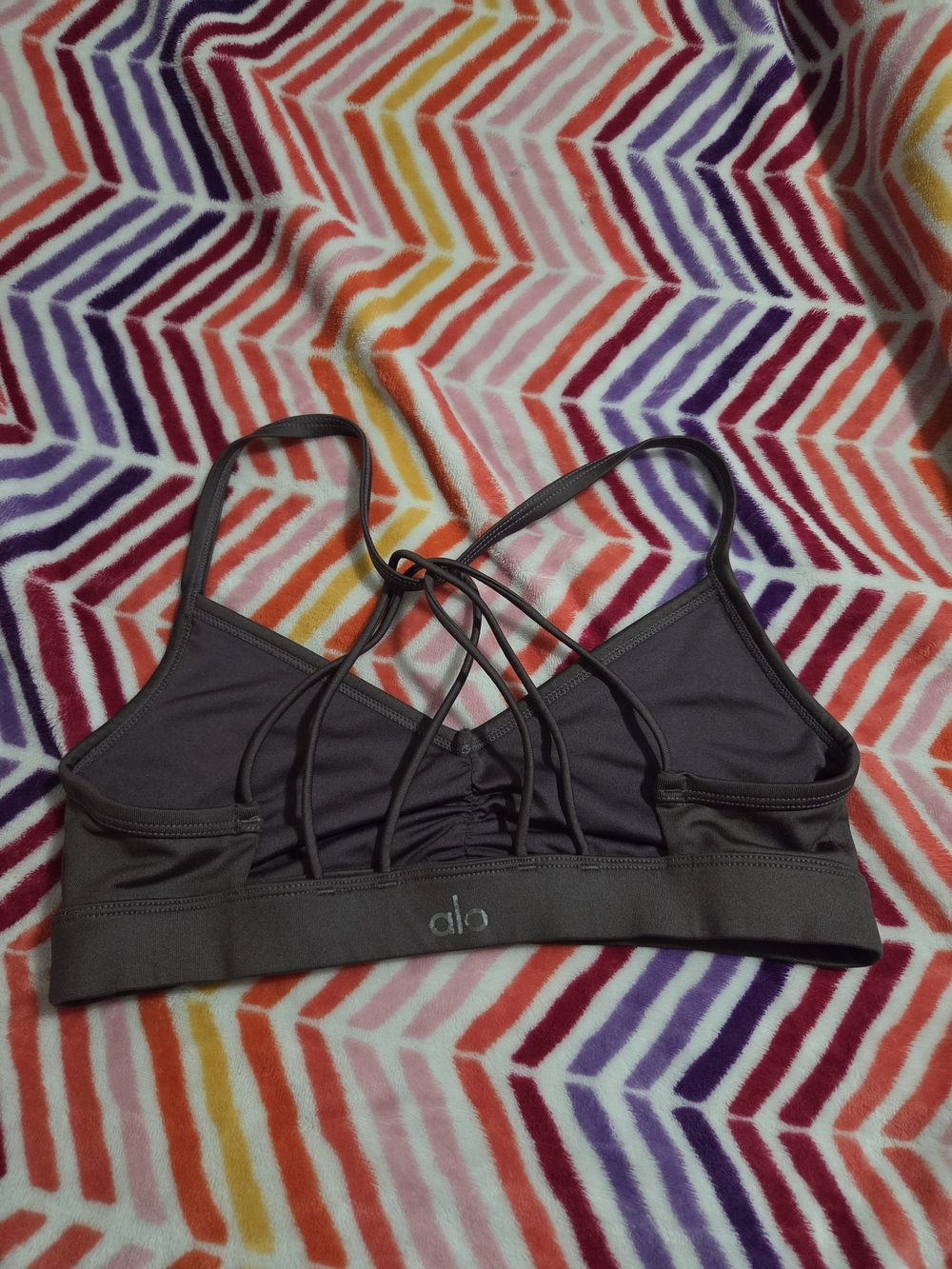 ALO Yoga Strappy Back Sports Bra in Charcoal Gray